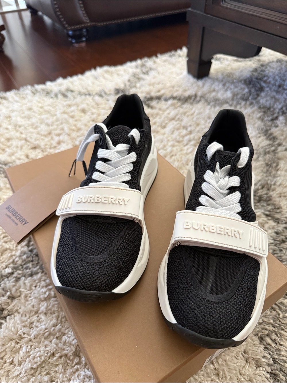 Burberry Black & White Logo Strap Sneakers